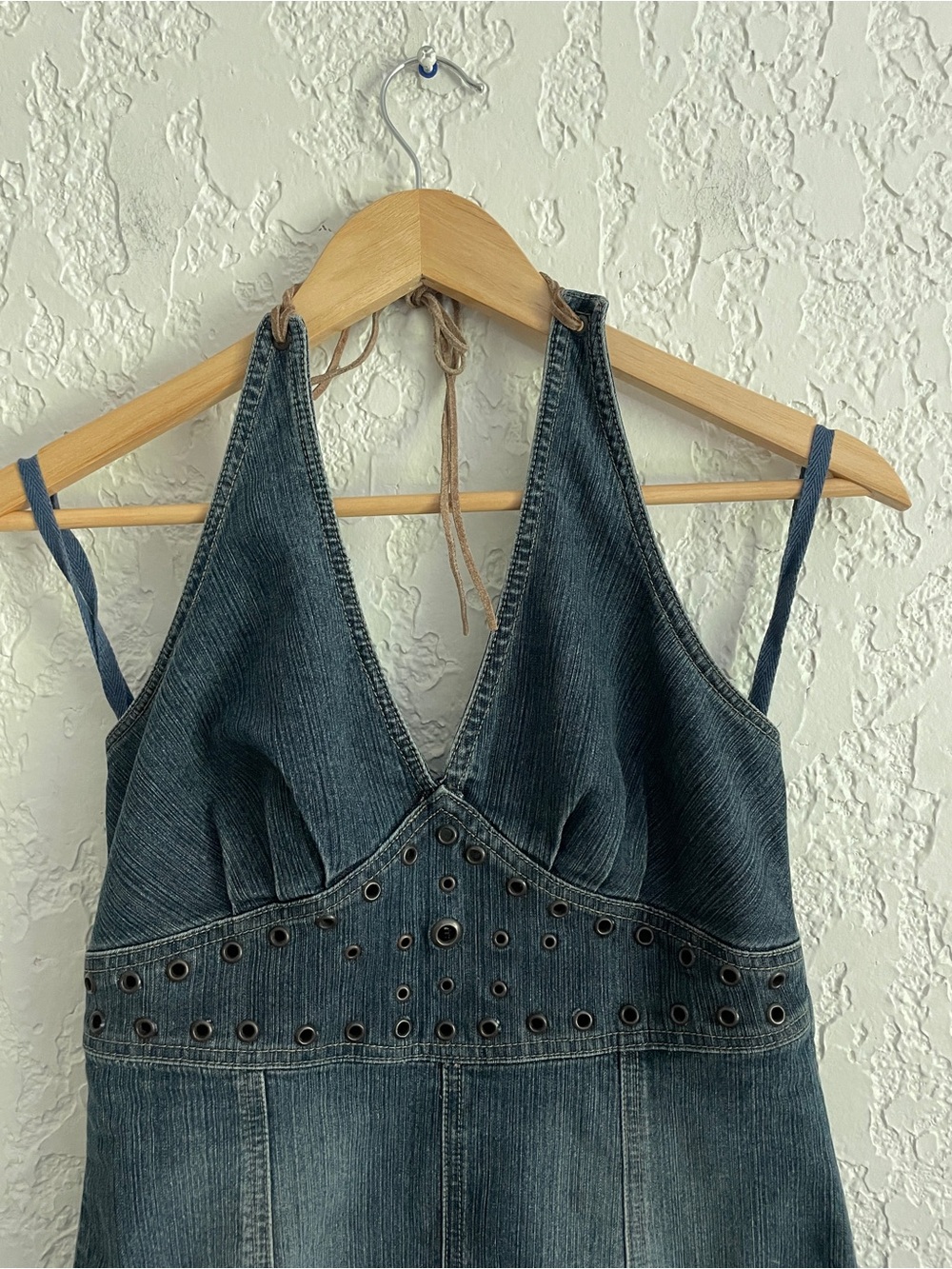Z.Caravicci RARE Vintage Y2K Denim Halter Leather Tie Dress - Picture 3 of 6
